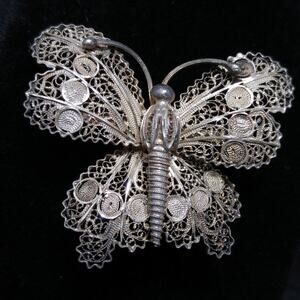 Antique Cannetille Butterfly Brooch, Vermeil 800 Silver